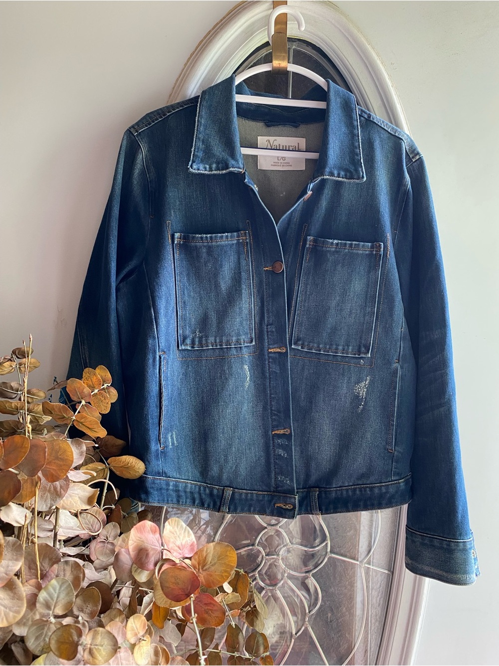 NWOT Natural Reflections Denim Chore Jacket Sz L - Distressed Look!